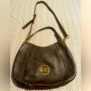 Michael Kors Hobo Bag Brown Pebbled Leather With Hi/Lo Strap & Gold Accents EUC